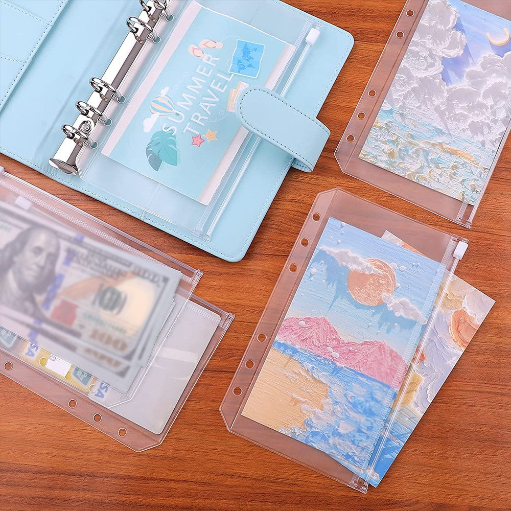 12Pcs Transparent A6 Binder Pockets 6 Holes Budget Zipper Folders Cash Envelopes Document Bag