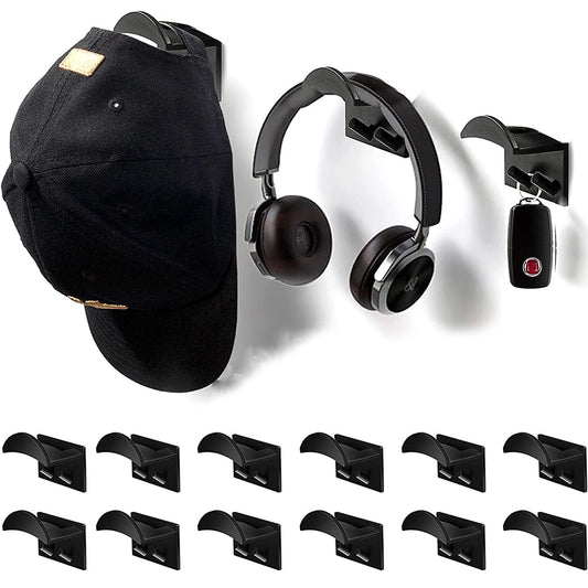 12 X Self Adhesive Wall Mount Hat Hook Baseball Cap Holder Black
