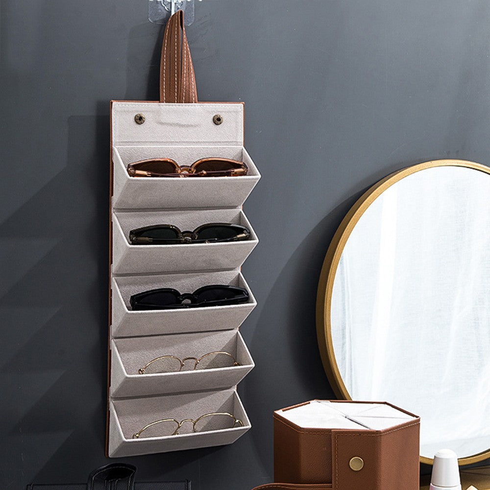 5 Slots Travel Sunglasses Organizer Case Glasses Storage Box Hanging Eyewear Holder Brown