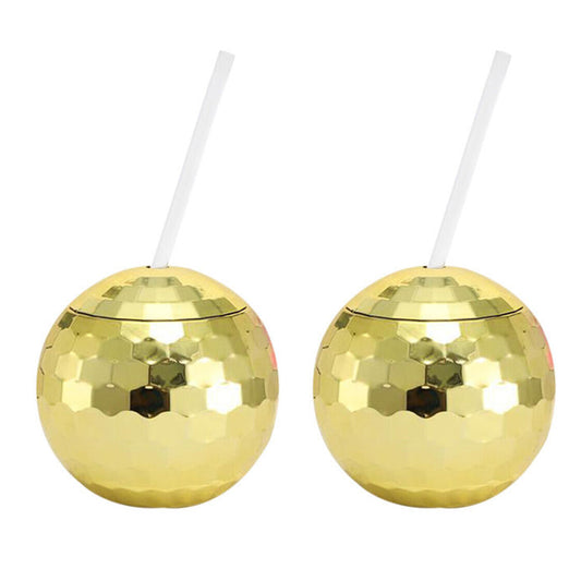 2 X Disco Ball Drink Tumbler Cocktail Cup Wine Glass Mug with Straw Gold
