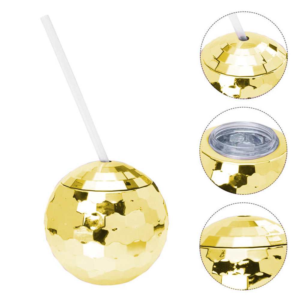 2 X Disco Ball Drink Tumbler Cocktail Cup Wine Glass Mug with Straw Gold