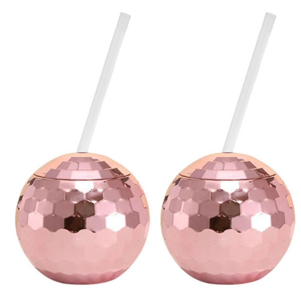 2 X Disco Ball Drink Tumbler Cocktail Cup Wine Glass Mug with Straw Pink