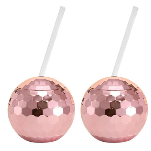 2 X Disco Ball Drink Tumbler Cocktail Cup Wine Glass Mug with Straw Pink