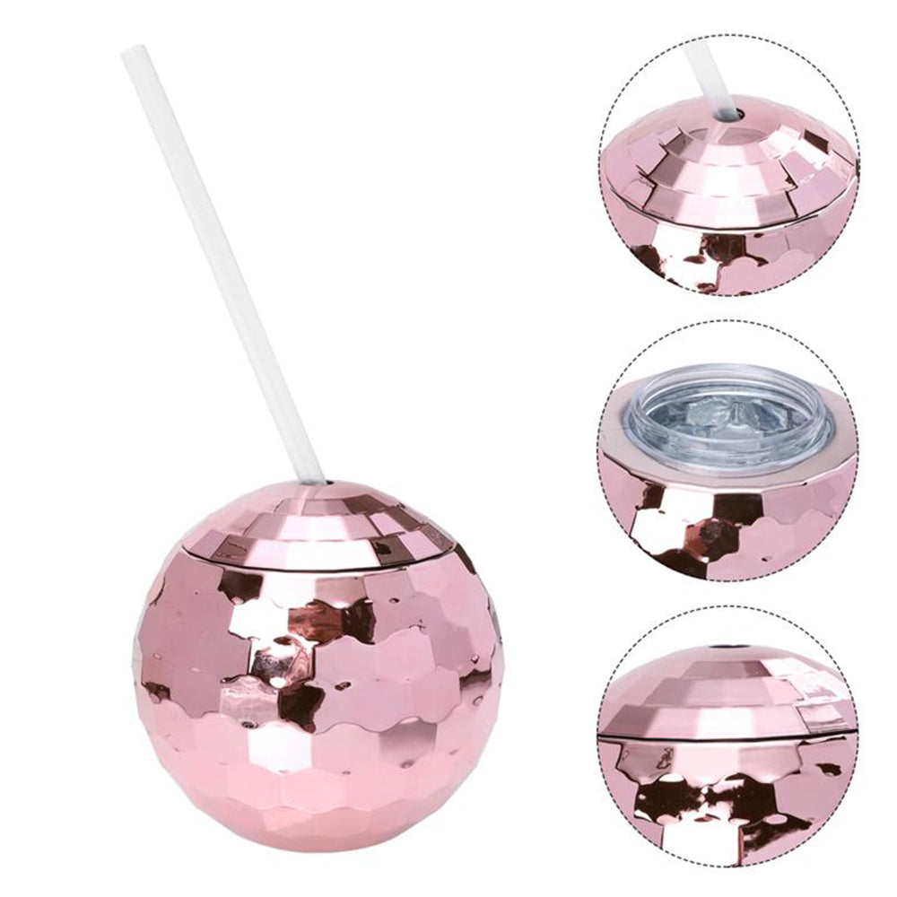 2 X Disco Ball Drink Tumbler Cocktail Cup Wine Glass Mug with Straw Pink