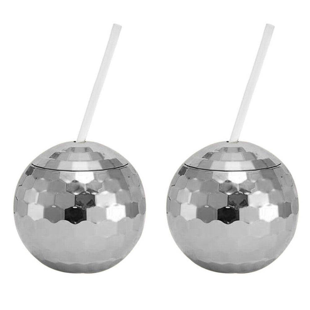2 X Disco Ball Drink Tumbler Cocktail Cup Wine Glass Mug with Straw Silver