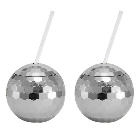 2 X Disco Ball Drink Tumbler Cocktail Cup Wine Glass Mug with Straw Silver