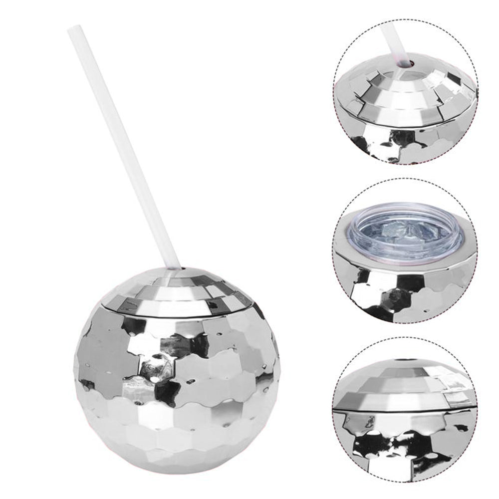 2 X Disco Ball Drink Tumbler Cocktail Cup Wine Glass Mug with Straw Silver