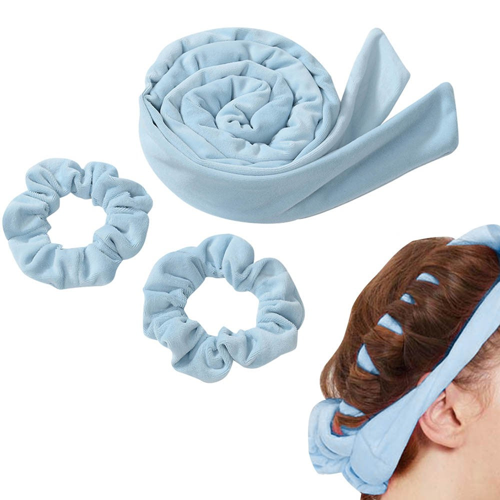 3Pcs Set Heatless Curling Rod Hair Curling Rollers Lazy Curler Headband Blue