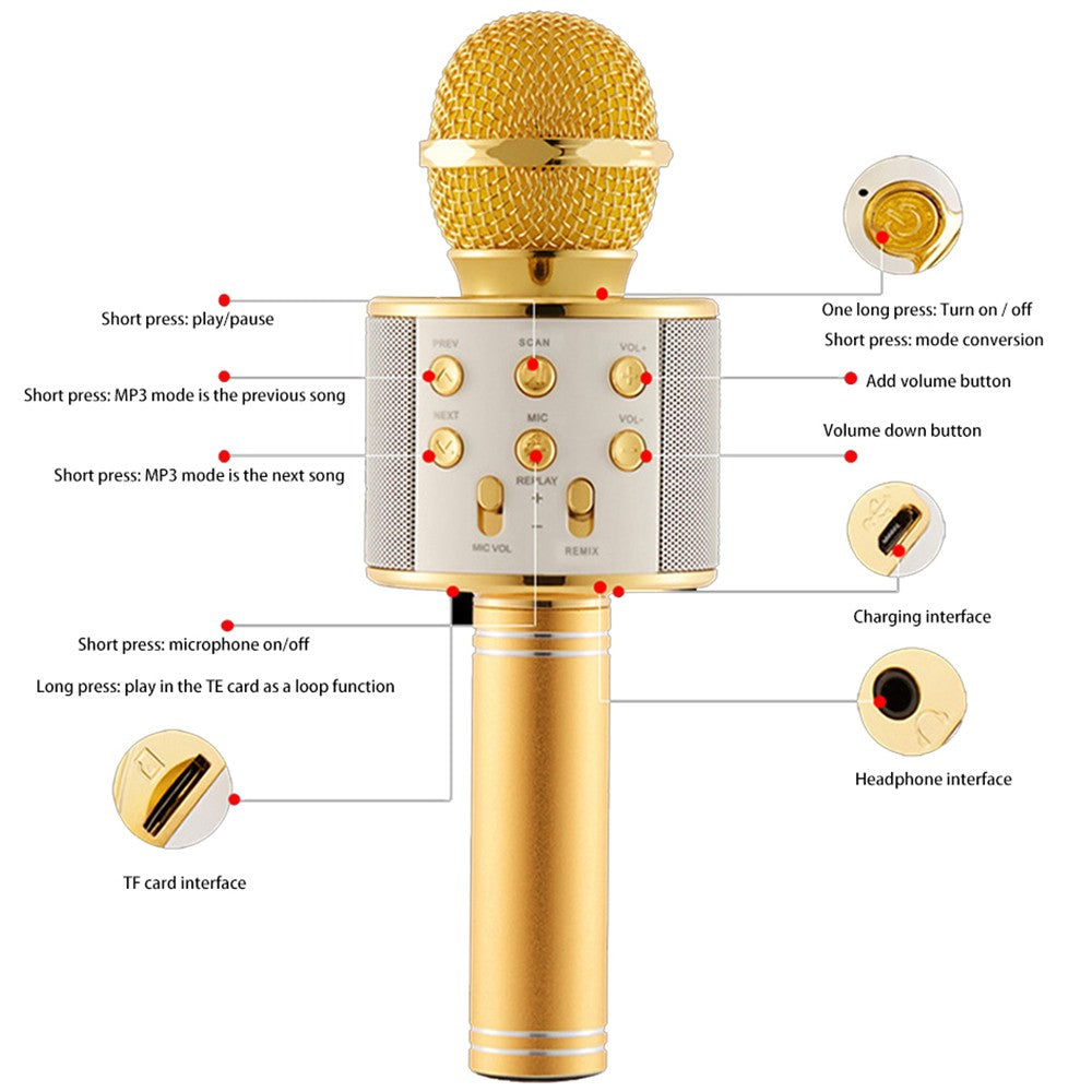 Bluetooth Wireless Karaoke Microphone with LED Lights Portable Handheld Mic Speaker Gold