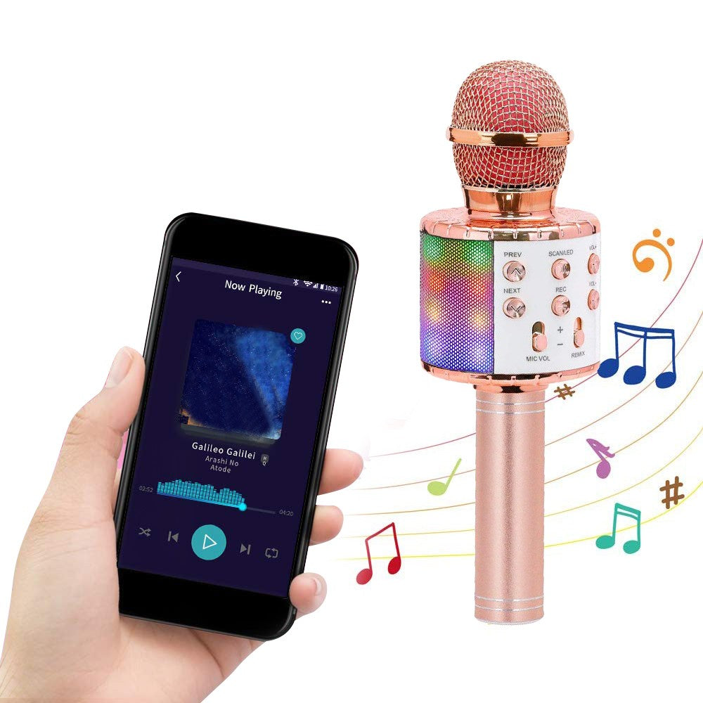 Bluetooth Wireless Karaoke Microphone with LED Lights Portable Handheld Mic Speaker Rose Gold