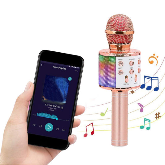 Bluetooth Wireless Karaoke Microphone with LED Lights Portable Handheld Mic Speaker Rose Gold