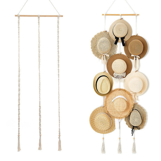 Three Tassel Style Boho Hat Display Rack Caps Holder Hat Storage Hanging Rope