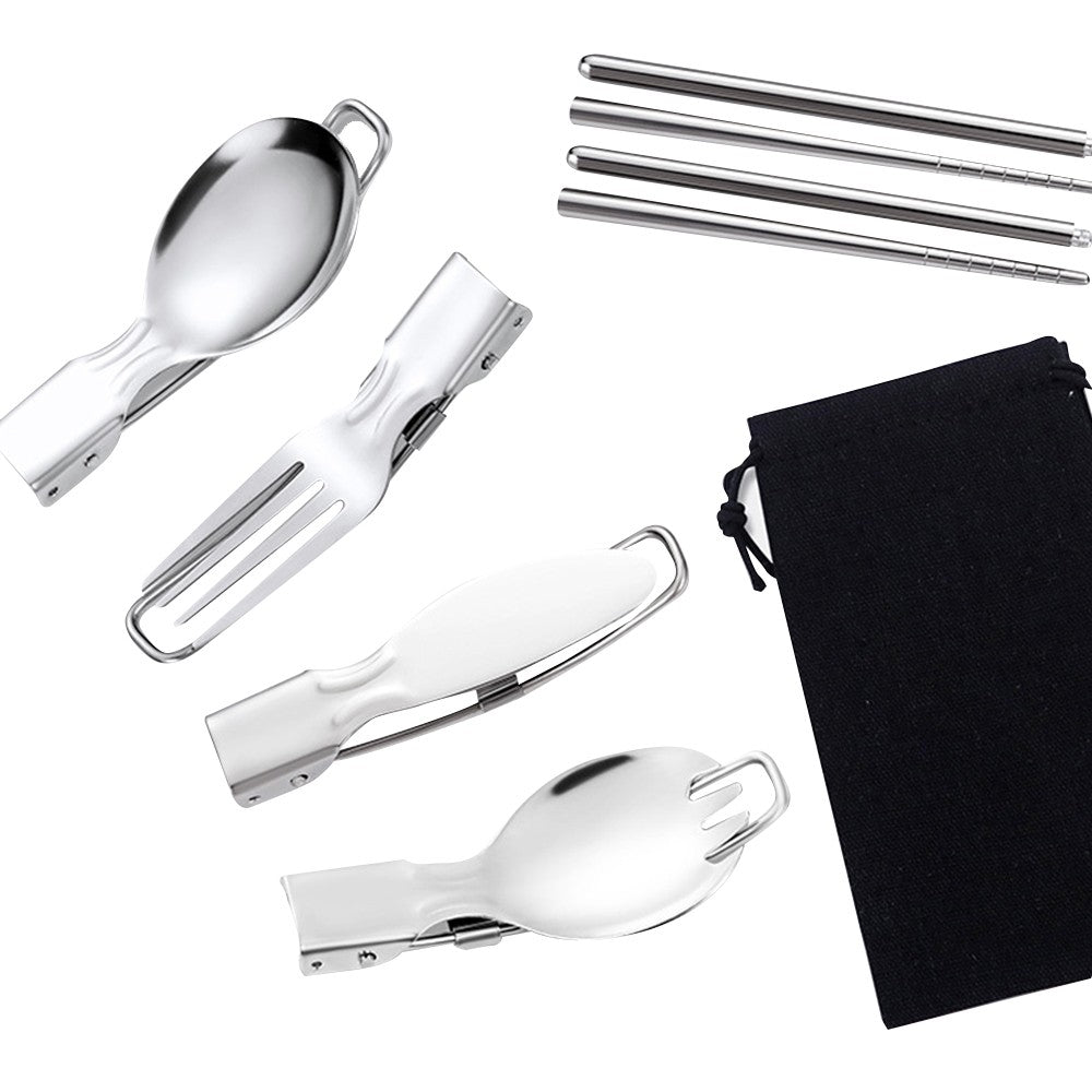 1 X 5Pcs Folding Cutlery Set Foldable Stainless Steel Utensil with Storage Bag