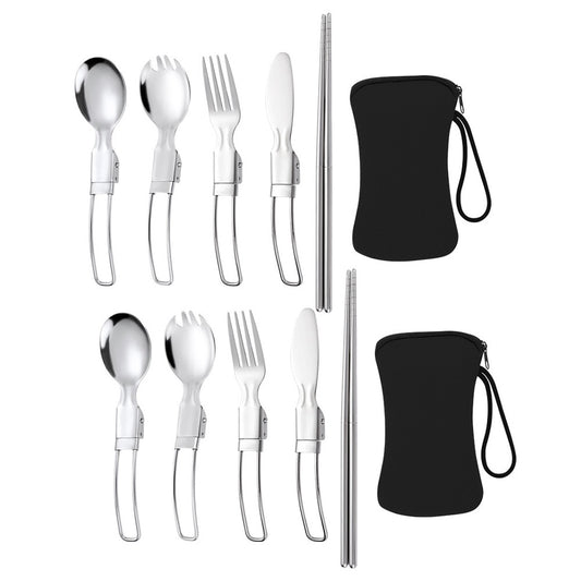 2 X 5Pcs Folding Cutlery Set Foldable Stainless Steel Utensil with Storage Bag