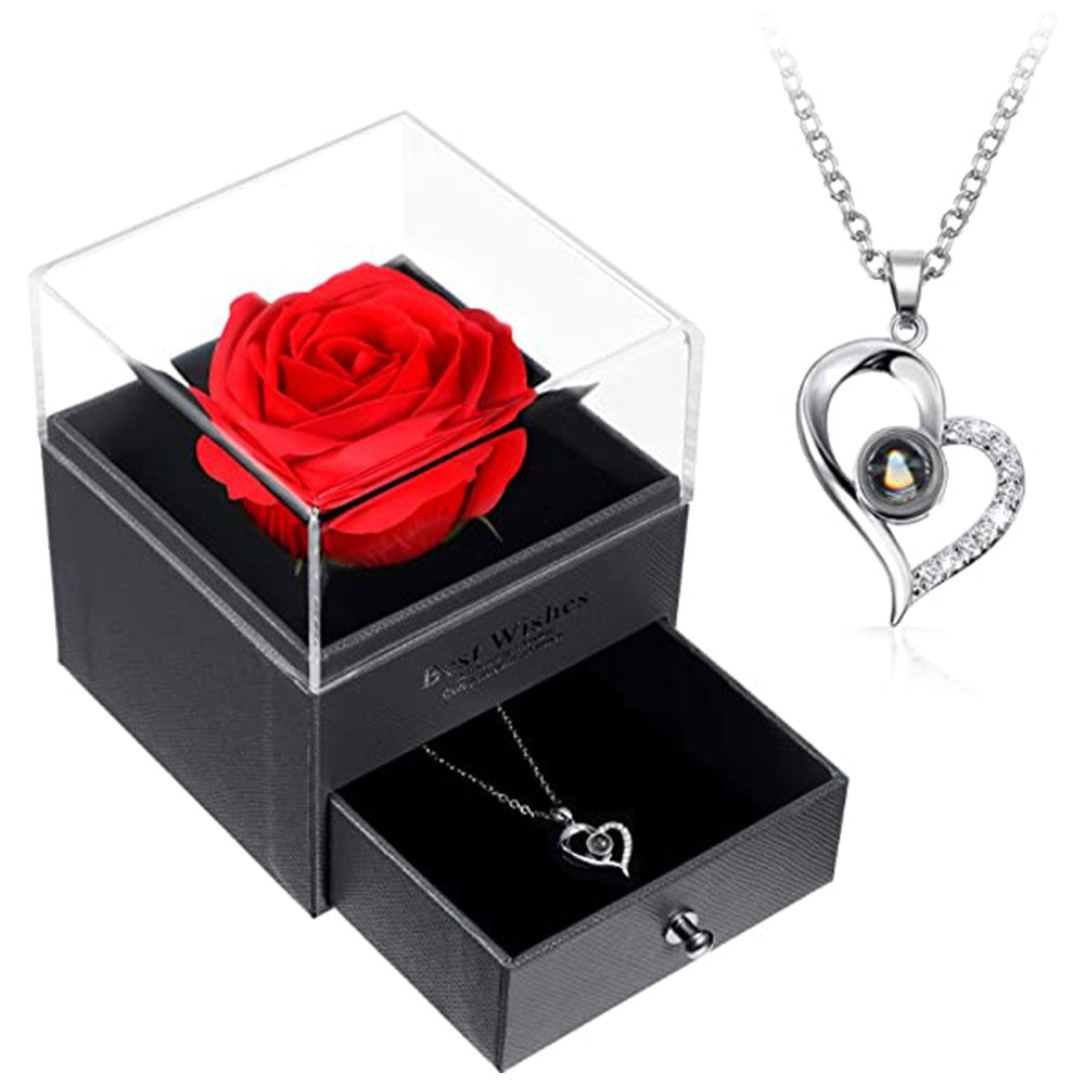 I Love You Silver Necklace and Storage Box Set with 100 Languages Projection