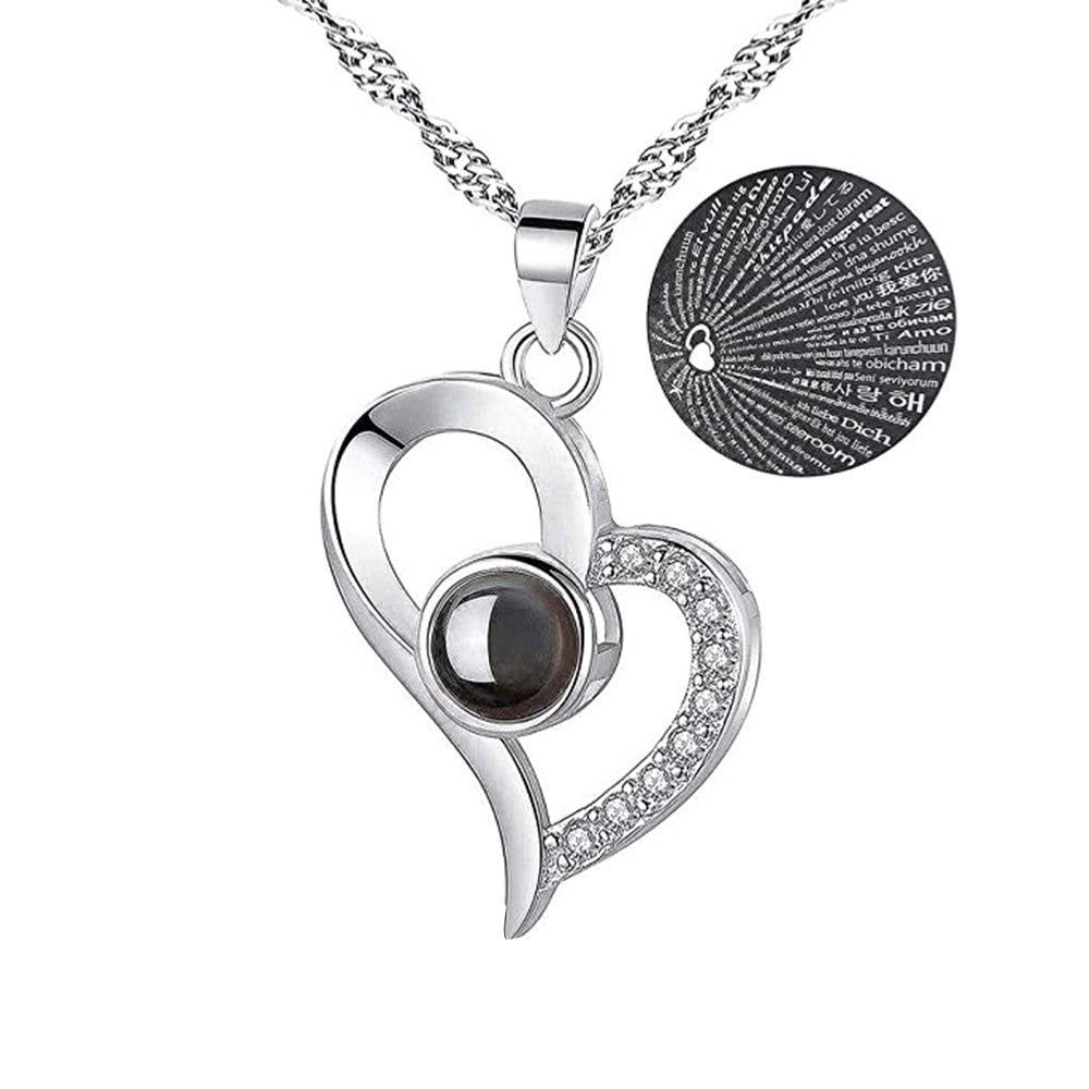 I Love You Silver Necklace and Storage Box Set with 100 Languages Projection