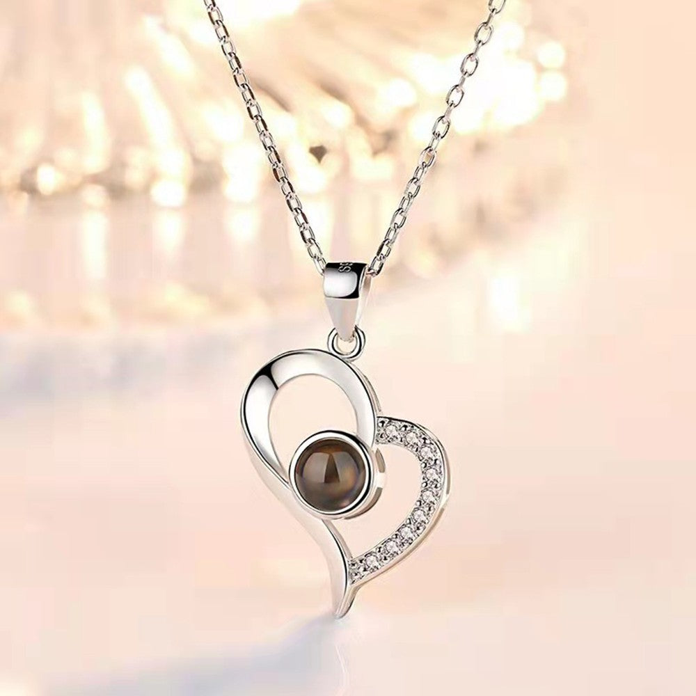 I Love You Silver Necklace and Storage Box Set with 100 Languages Projection