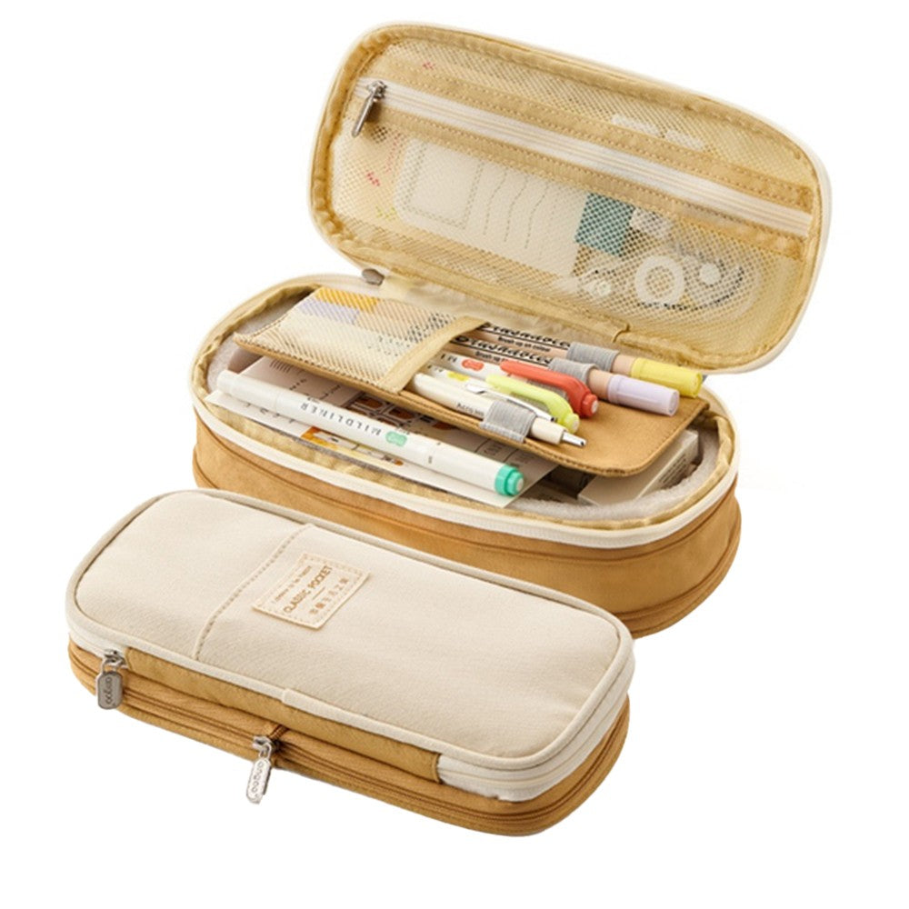 Large Capacity Canvas Pencil Case Pen Pouch Storage Bag Khaki