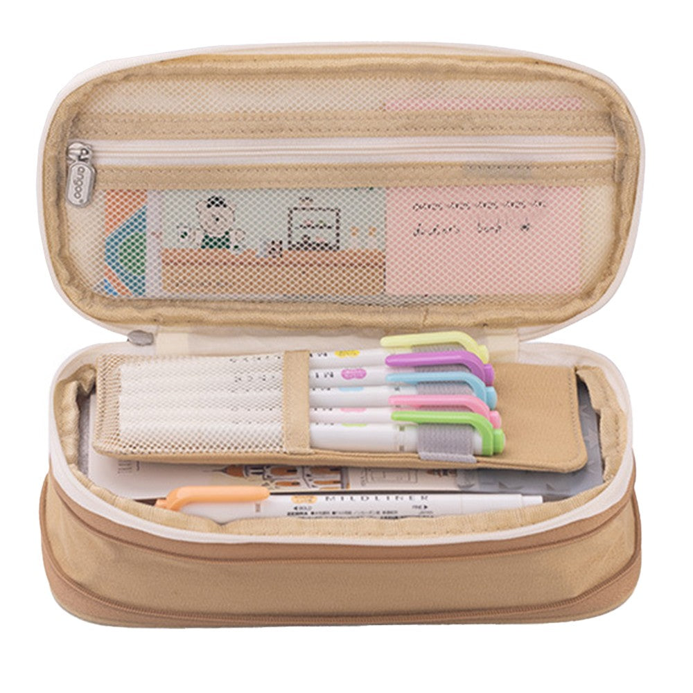 Large Capacity Canvas Pencil Case Pen Pouch Storage Bag Khaki