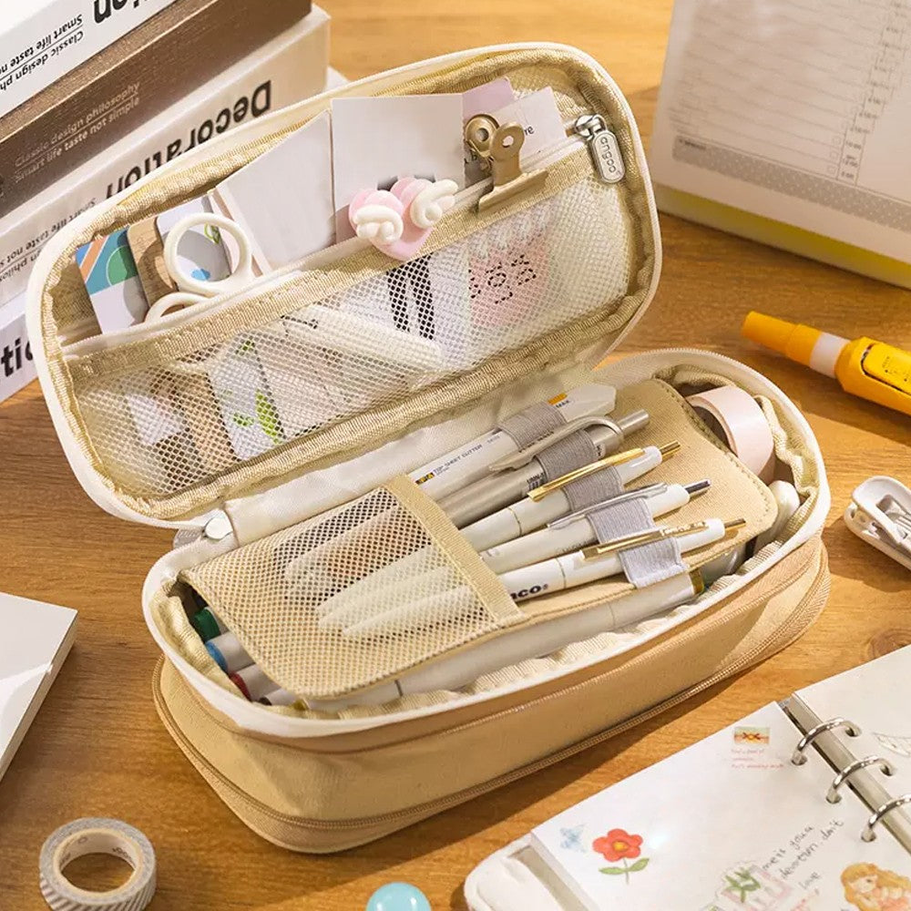 Large Capacity Canvas Pencil Case Pen Pouch Storage Bag Khaki