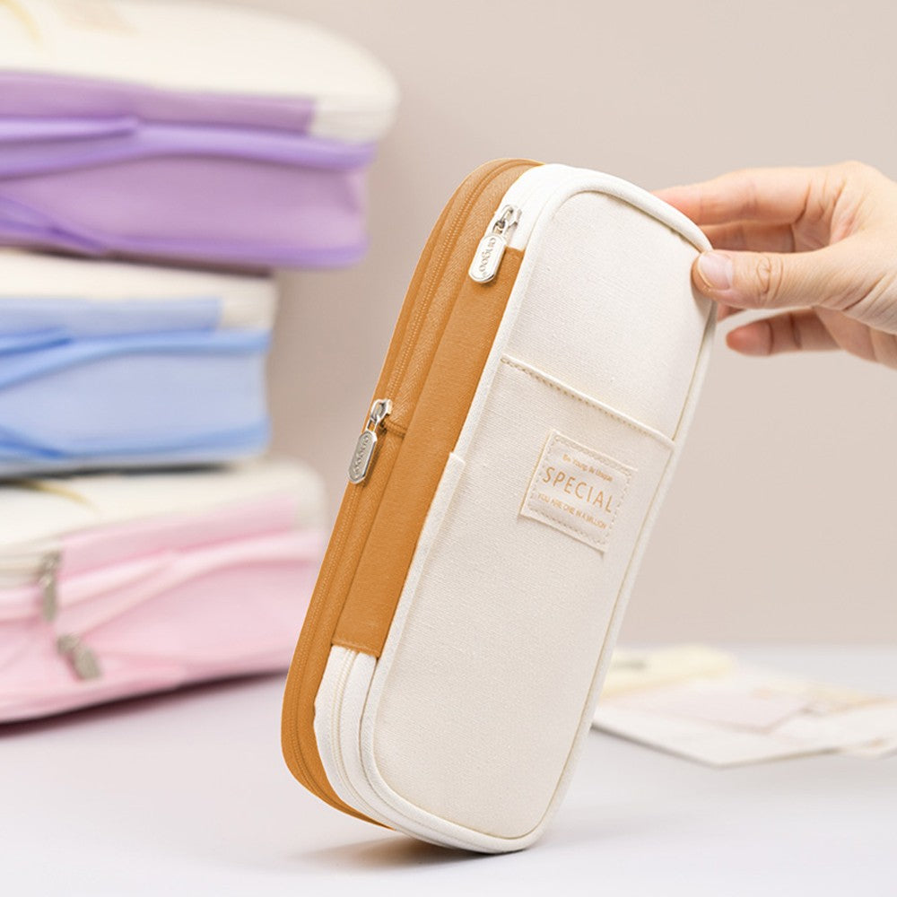 Large Capacity Canvas Pencil Case Pen Pouch Storage Bag Khaki