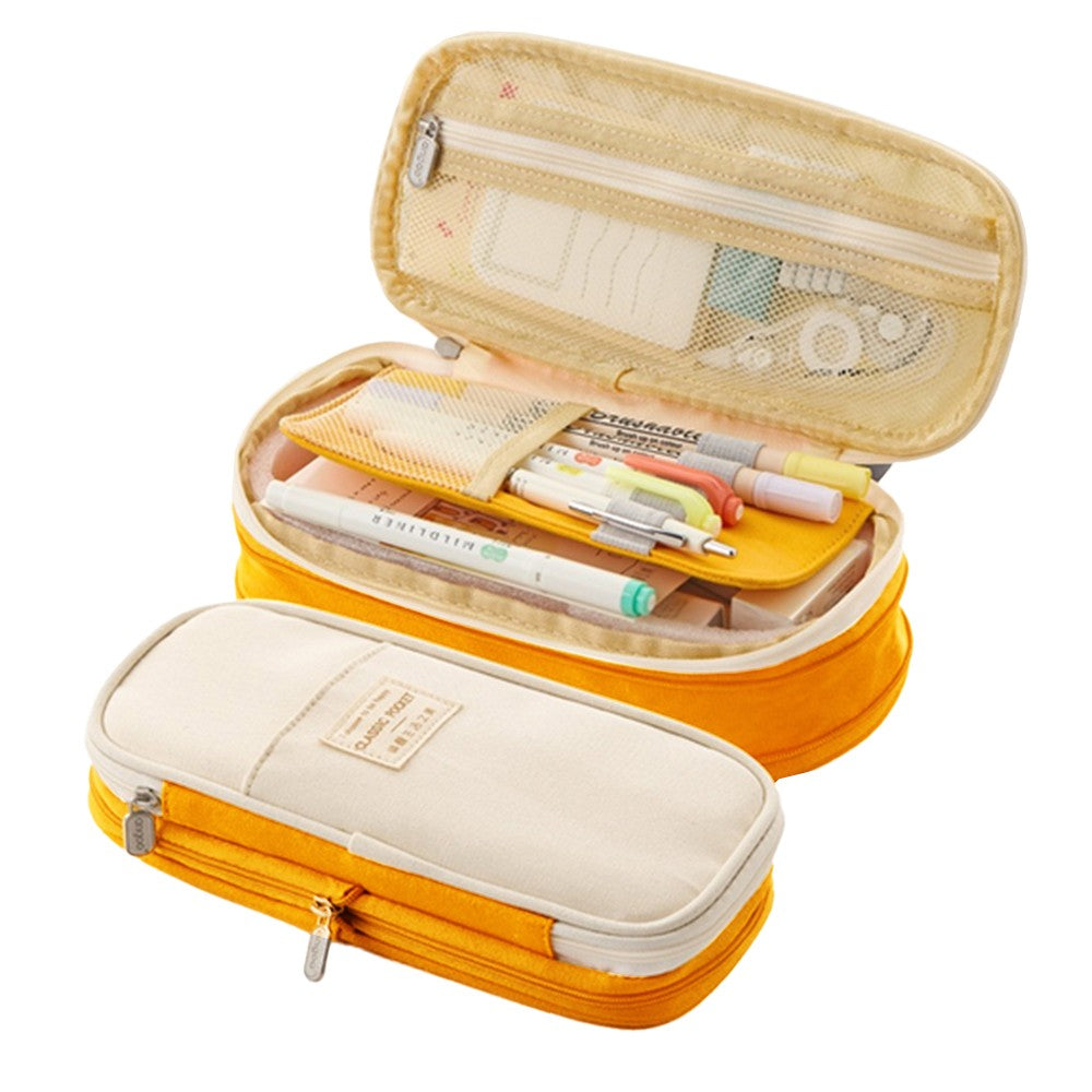 Large Capacity Canvas Pencil Case Pen Pouch Storage Bag Yellow