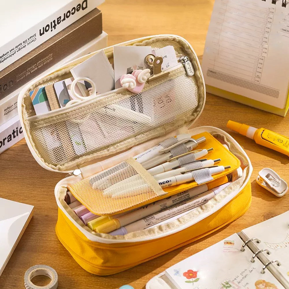 Large Capacity Canvas Pencil Case Pen Pouch Storage Bag Yellow