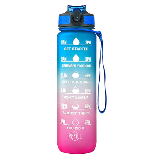 1L Water Bottle Motivational Drink Flask with Time Markings for Sport Gym Blue
