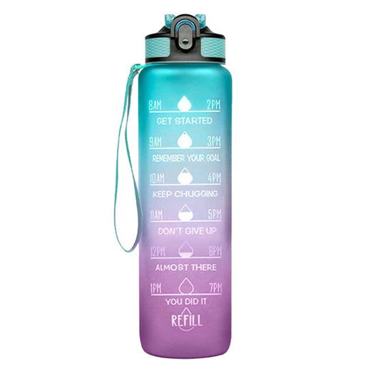 1L Water Bottle Motivational Drink Flask with Time Markings for Sport Gym Green
