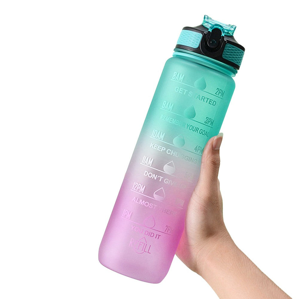 1L Water Bottle Motivational Drink Flask with Time Markings for Sport Gym Green