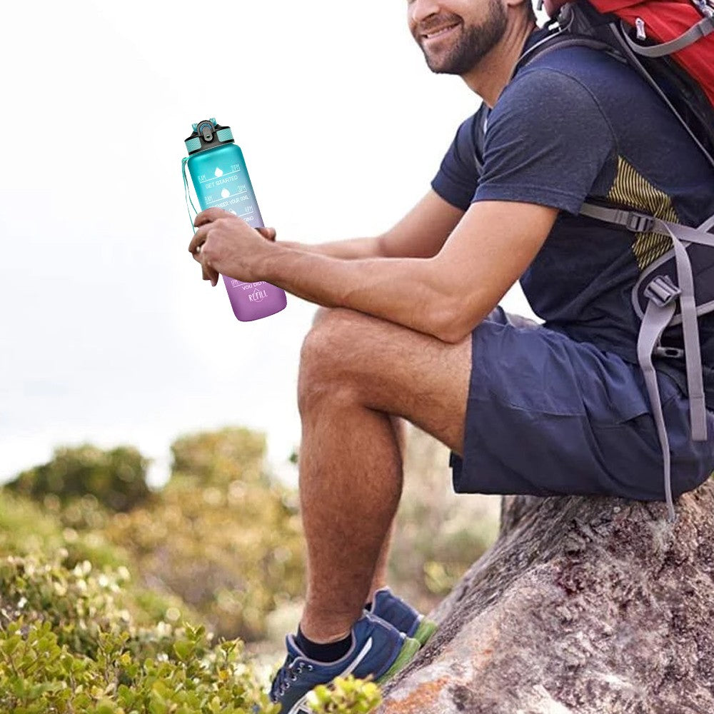 1L Water Bottle Motivational Drink Flask with Time Markings for Sport Gym Green