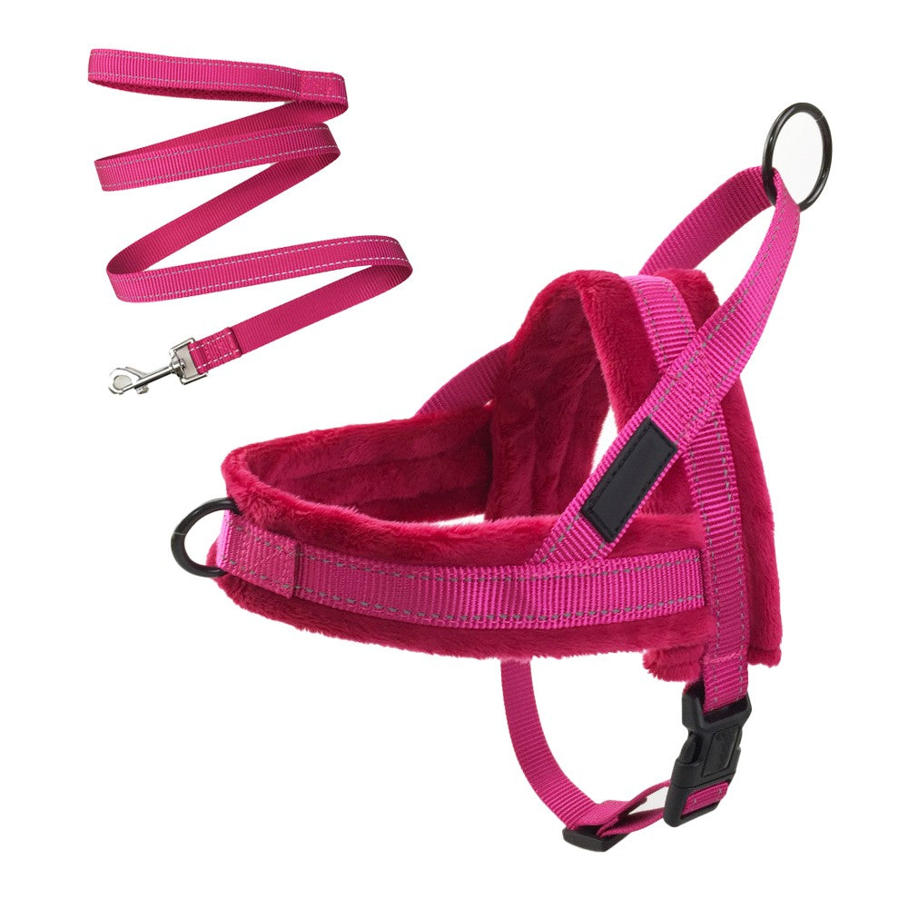 No Pull Pet Dog Harness and Leash Set Plush Padded Pet Vest with Reflective Strip Rose Red XL