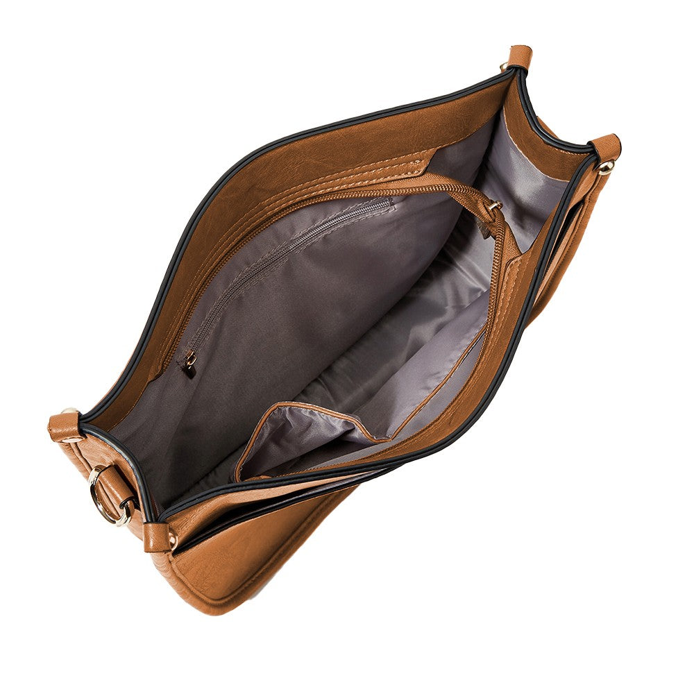 Womens Roomy Crossbody Bag PU Leather Satchel Shoulder Bag Zipper Sling Bag Brown