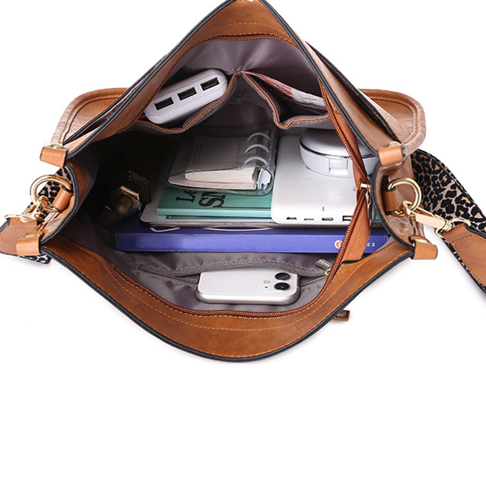 Womens Roomy Crossbody Bag PU Leather Satchel Shoulder Bag Zipper Sling Bag Brown