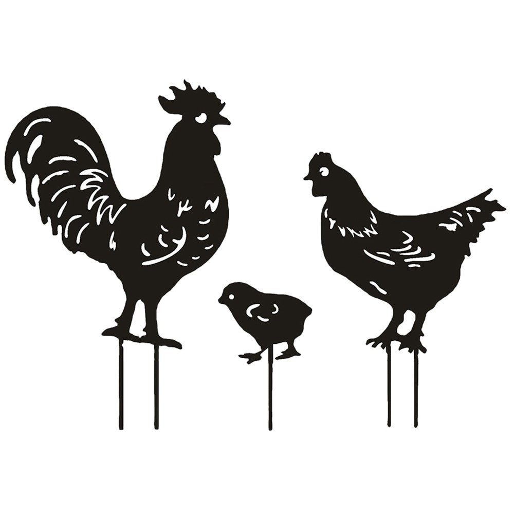 Set of 3Pcs Metal Chicken Silhouette Ornament Garden Lawn Stakes Sculptures Art Decor