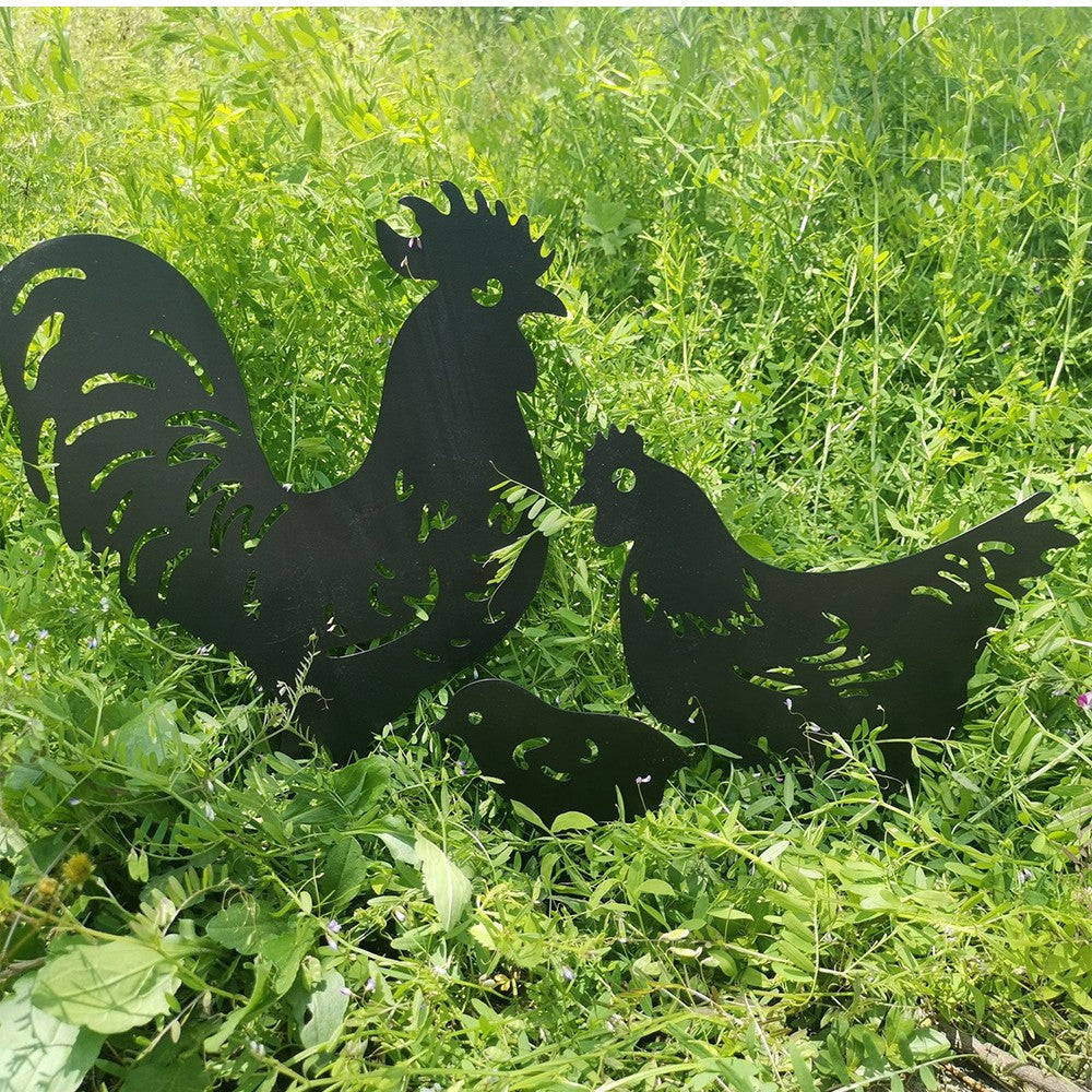 Set of 3Pcs Metal Chicken Silhouette Ornament Garden Lawn Stakes Sculptures Art Decor