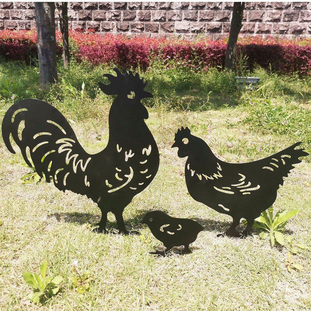 Set of 3Pcs Metal Chicken Silhouette Ornament Garden Lawn Stakes Sculptures Art Decor