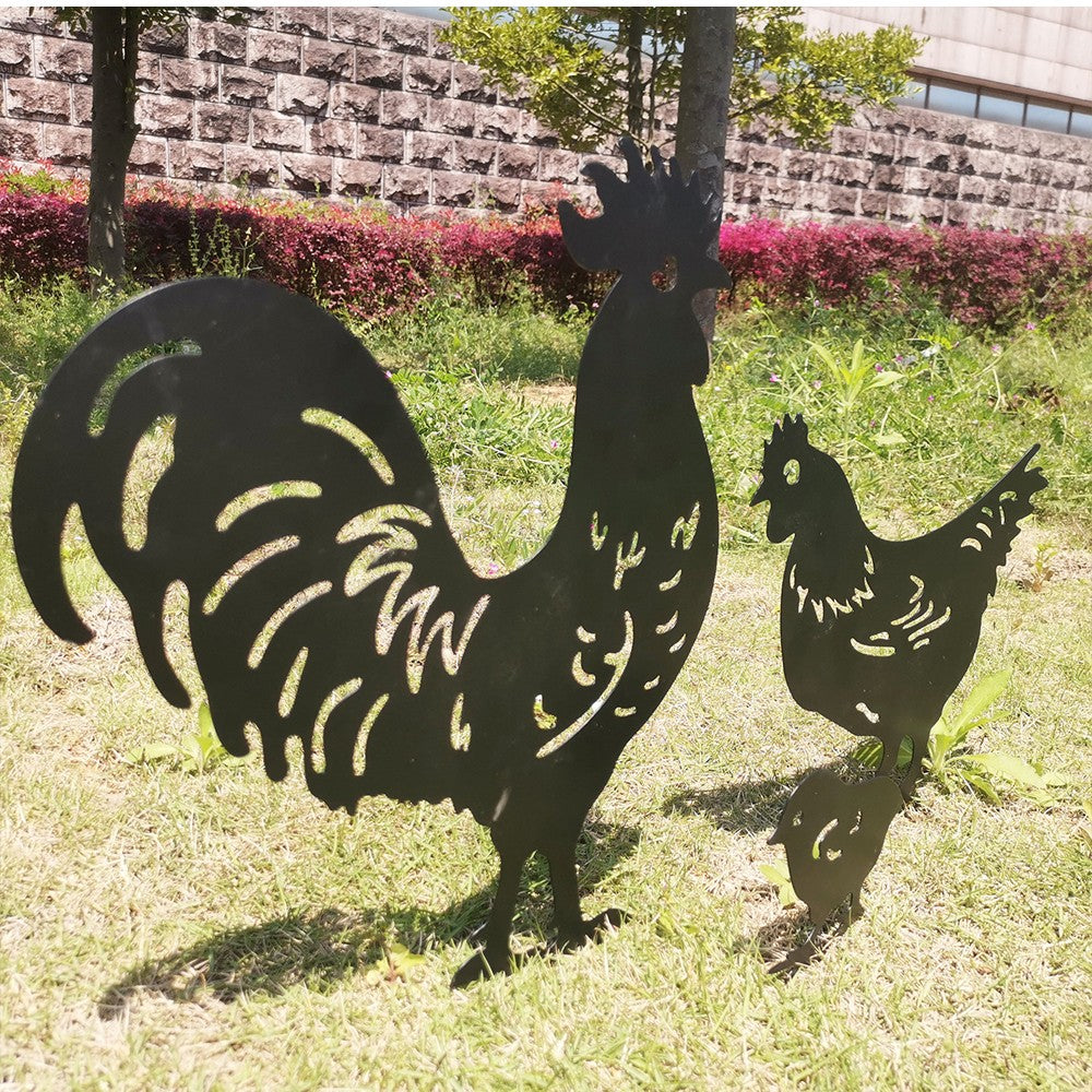 Set of 3Pcs Metal Chicken Silhouette Ornament Garden Lawn Stakes Sculptures Art Decor
