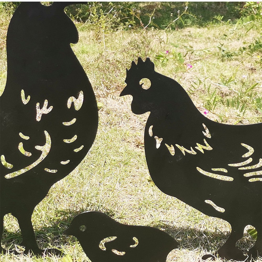 Set of 3Pcs Metal Chicken Silhouette Ornament Garden Lawn Stakes Sculptures Art Decor