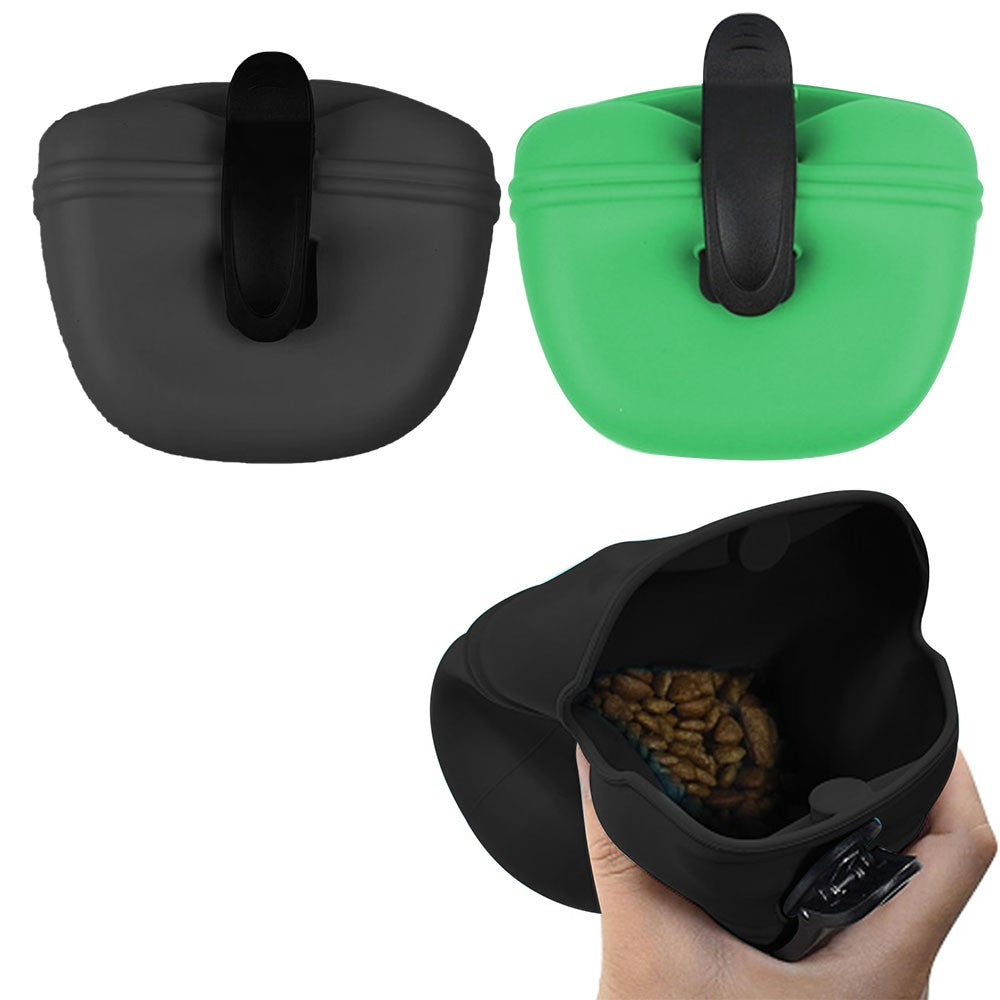 2 X Silicone Dog Treat Bag with Magnetic Closure Portable Waist Pouch Pack with Clip Black Green