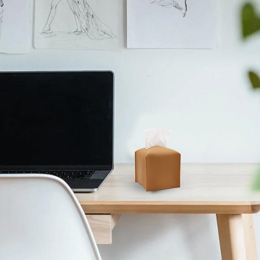 Square PU Leather Tissue Box Tissue Dispenser Napkin Storage Boxes Brown