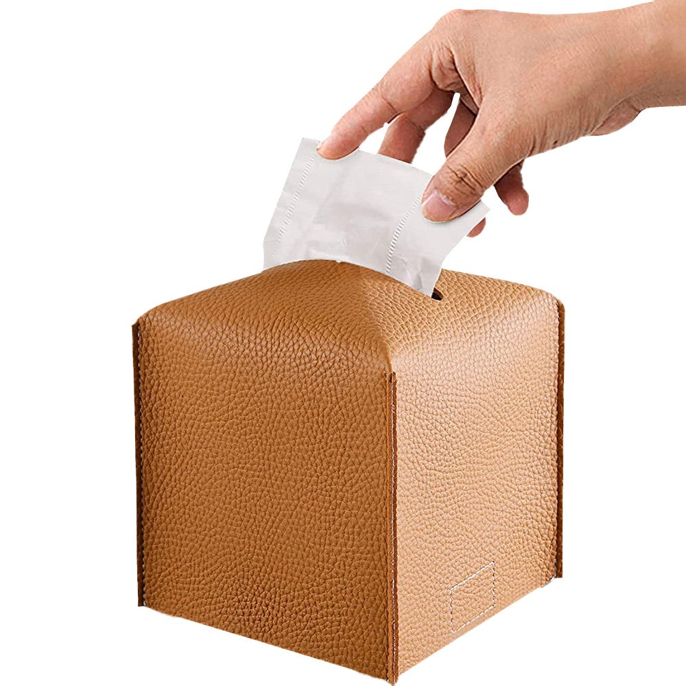 Square PU Leather Tissue Box Tissue Dispenser Napkin Storage Boxes Brown