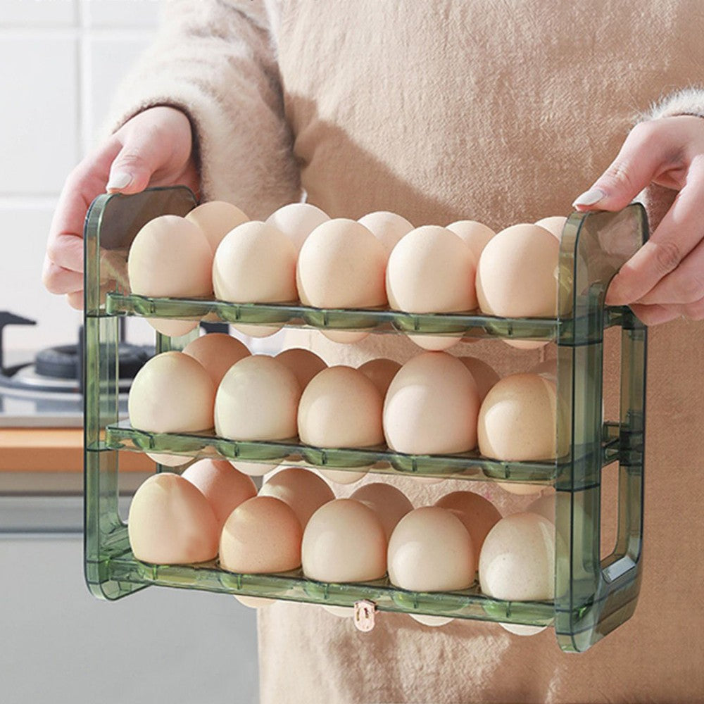 3-Layer 30 Grid Refrigerator Egg Holder Flip Egg Storage Container Rack Reusable Egg Organizer Green