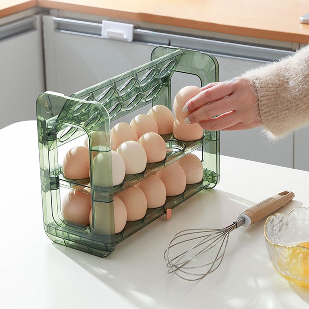 3-Layer 30 Grid Refrigerator Egg Holder Flip Egg Storage Container Rack Reusable Egg Organizer Green