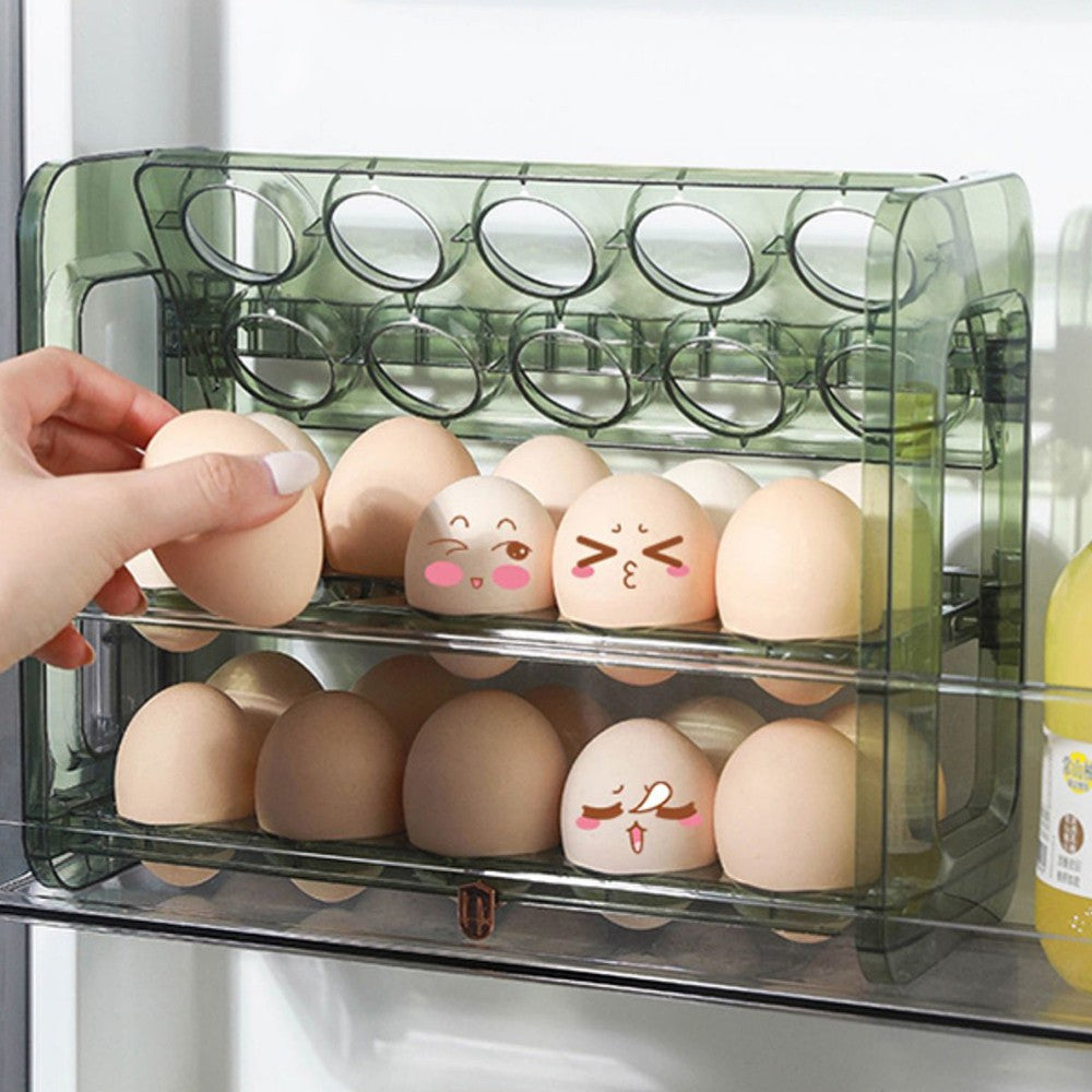 3-Layer 30 Grid Refrigerator Egg Holder Flip Egg Storage Container Rack Reusable Egg Organizer Green