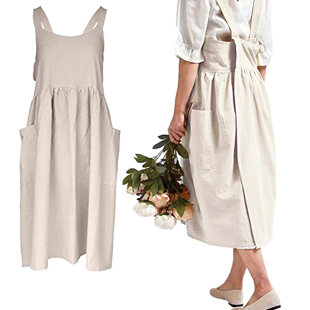 Beige Cotton Linen Aprons Cross Back Apron with Pockets for Kitchen Flower Shop