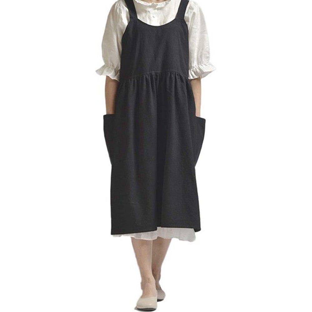 2 X Cotton Linen Aprons Cross Back Apron with Pockets for Kitchen Flower Shop Black and Beige