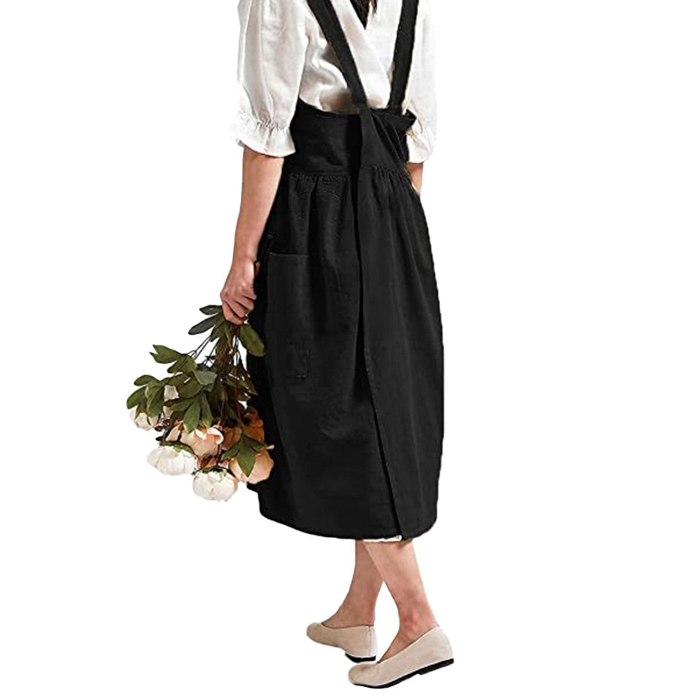 2 X Cotton Linen Aprons Cross Back Apron with Pockets for Kitchen Flower Shop Black and Yellow