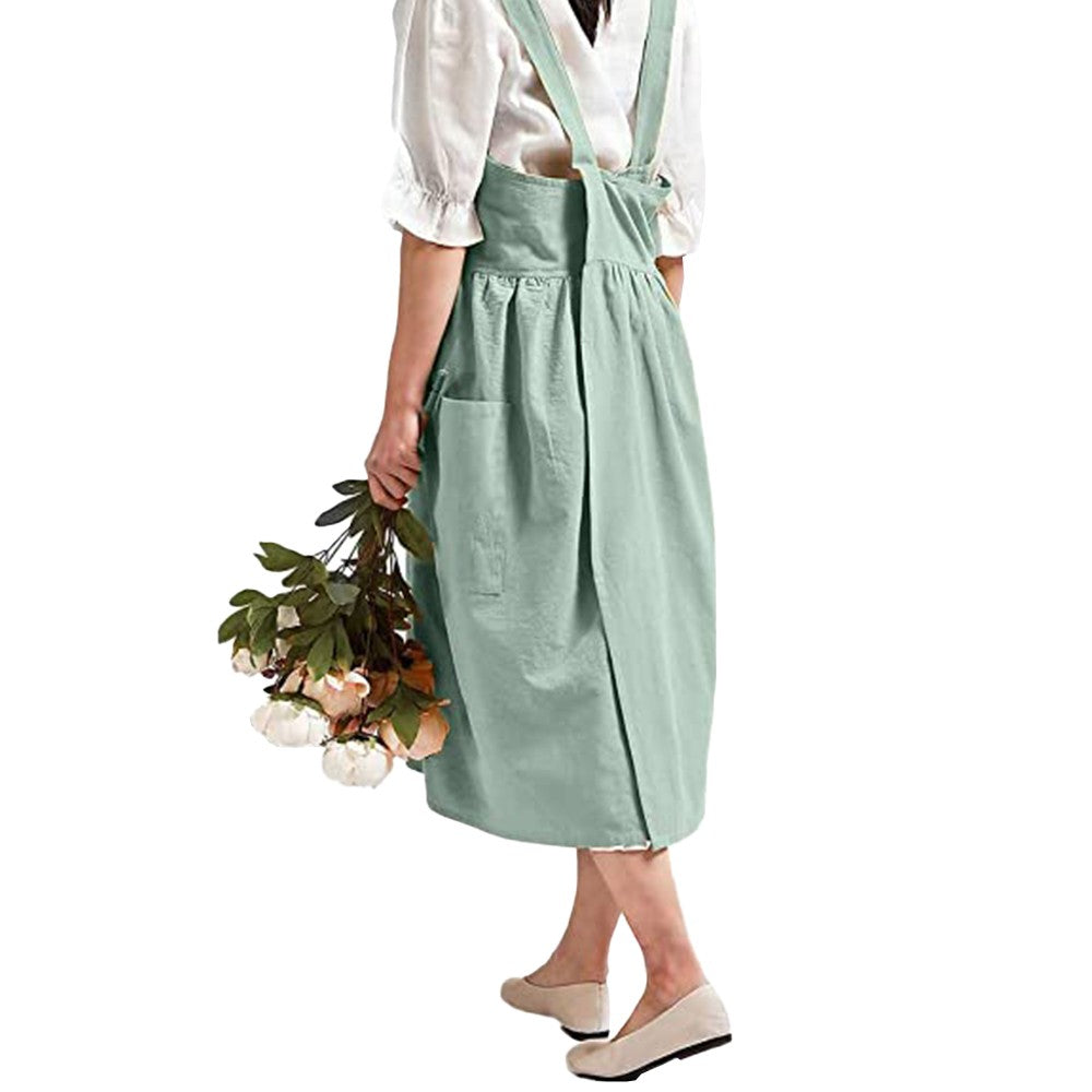 Green Cotton Linen Aprons Cross Back Apron with Pockets for Kitchen Flower Shop