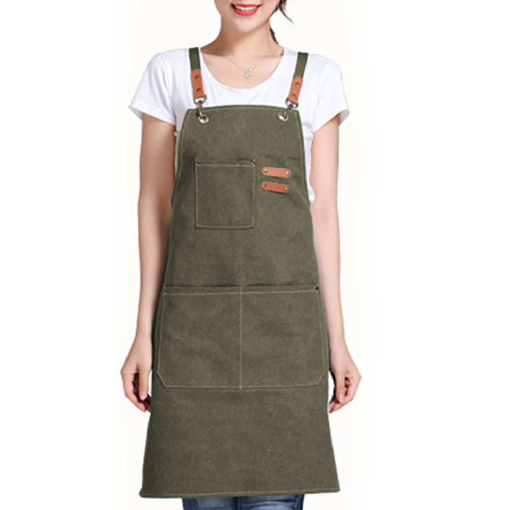 Dark Green Cotton Aprons Kitchen Cooking Apron Gardening Apron with Pockets
